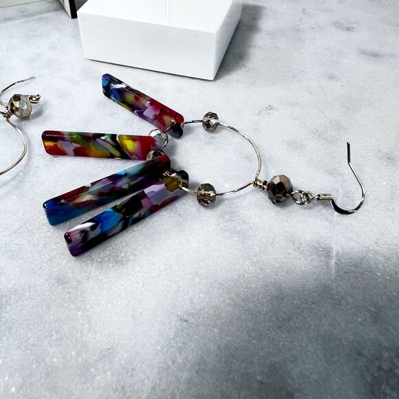 Retro Colorful Acrylic 3" Dangle Hoop Earrings Bars Beads Boho Gypsy Vtg style - Picture 2 of 7